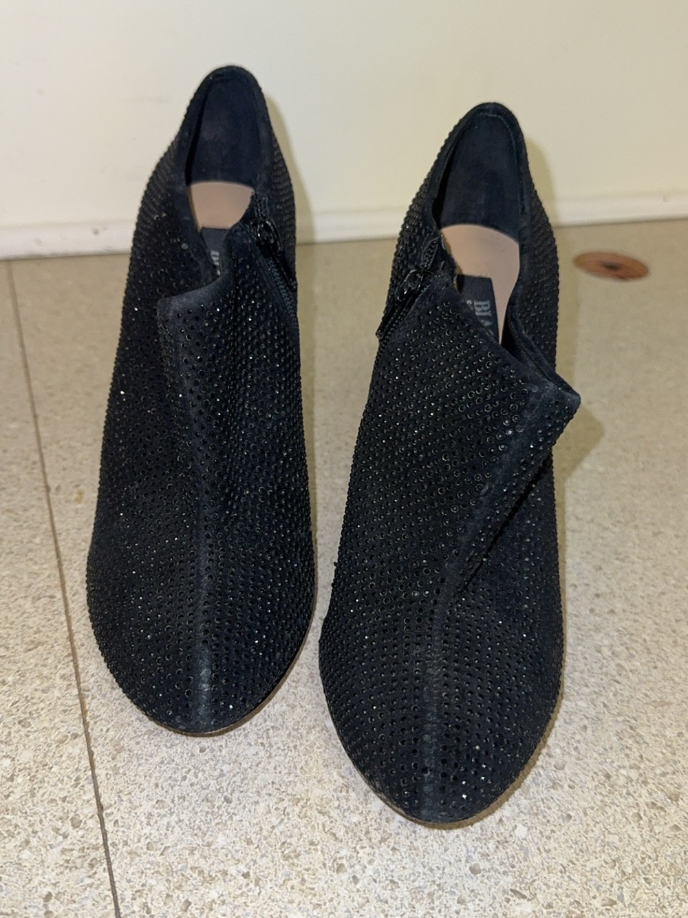 Black Crystal-Studded Suede Ankle Booties - Black